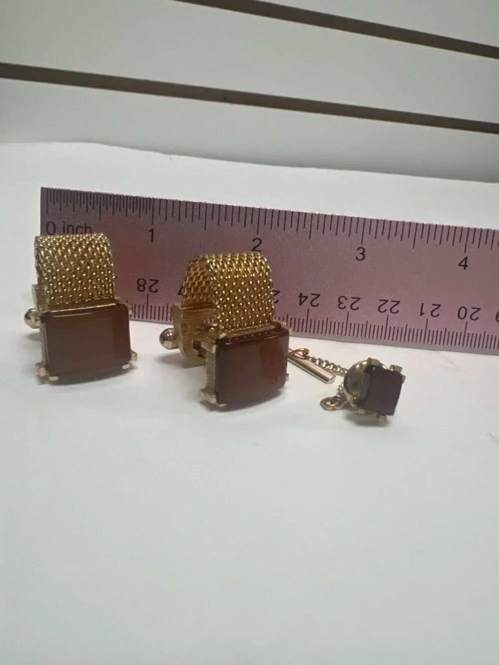 Swank Vintage 60's MCM Tigers Eye Gold Mesh Cufflinks & Tie Pin Original